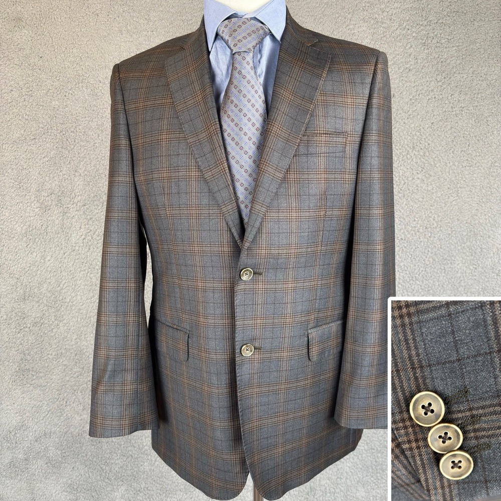 G. Manzoni Blazer Mens 38R Glen Plaid Brown Blue Reda Wool Fabric 2 Button Italy